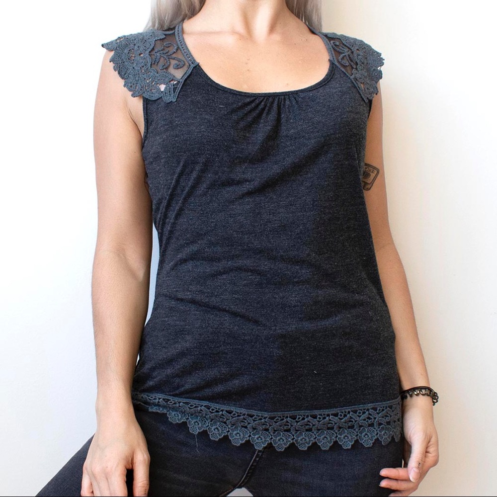 Grey Lace-Sleeve Extra Short Sleeve T-Shirt